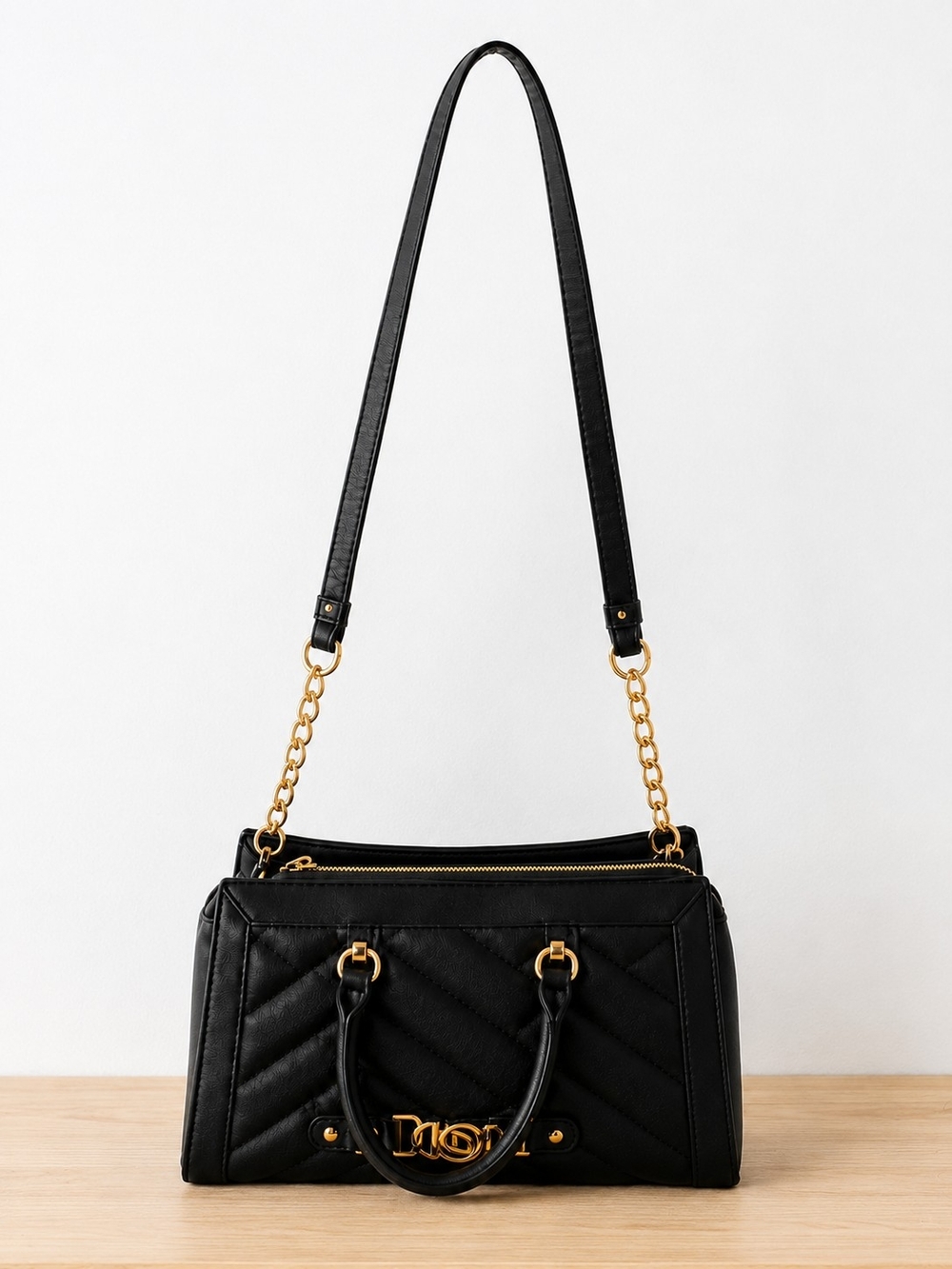 bebe Black Quilted Satchel with Gold Chain Strap